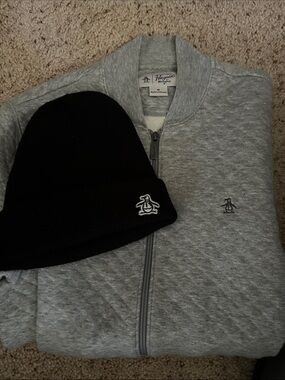 Original Penguin Gray Zip Up quilted textured Sweater with  beannie hat